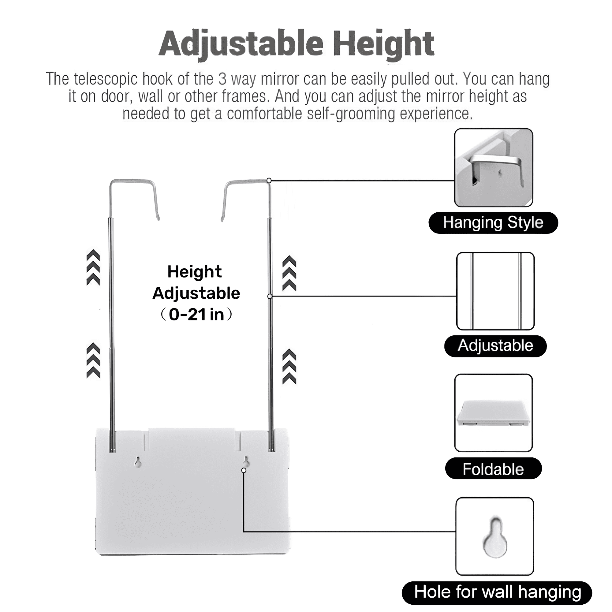 3 Way Mirror, 360 Mirror for Hair Cutting with Height Adjustable Telescoping Hooks, Tri-Fold Mirror for Makeup and Shaving, Hanging/Wall Mounted/Countertop